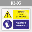 Знак «Береги трос от ударов - работай в рукавицах», КЗ-03 (металл, 400х300 мм)